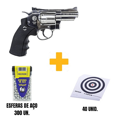 REVÓLVER DE PRESSÃO NIQUELADO 2POL + ESFERAS DE AÇO + ALVOS