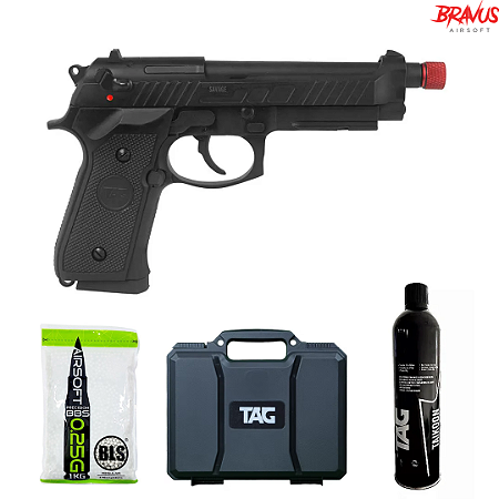 PISTOLA DE AIRSOFT GBB M92 SAVAGE + GREEN GAS TAIKOON + CASE DE TRANSPORTE RIGIDA + PACOTE DE BBS 0,25G (4000 UNI)