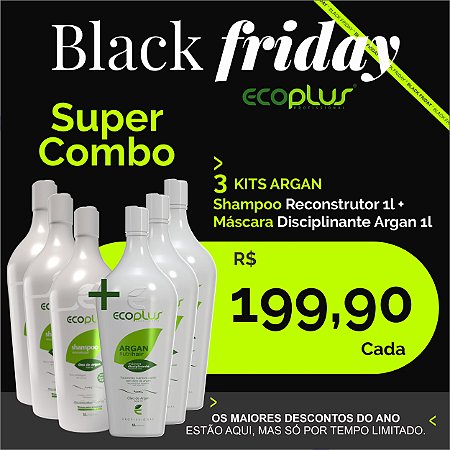 SUPER COMBO 3 KITS ARGAN Shampoo Reconstrutor 1l + Máscara Disciplinante Argan 1l