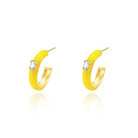 Brinco Argola Resina Amarela M Folheado Ouro Amarelo 18K