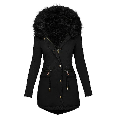Parka casaco de Inverno feminino gola de pele comprimento médio