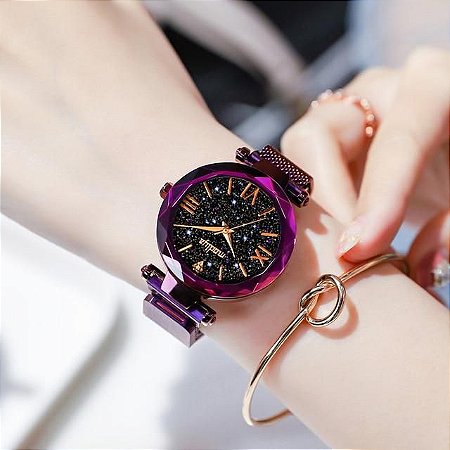 Relógio de pulso feminino estrelado quartz