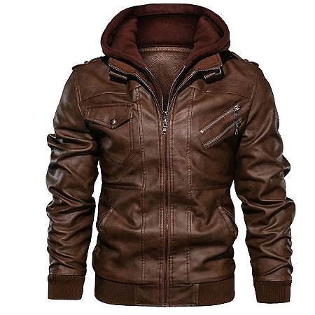 Jaqueta Masculina De Couro Motoqueiro com capuz removivel Moda Inverno 2021