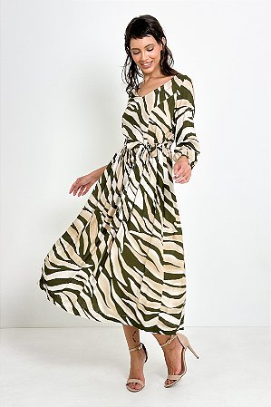 Vestido Midi Zebrado Manga ¾ Elástico