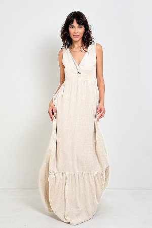 Vestido Longo Viscolinho Decote V Torcido