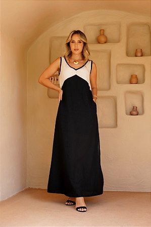 Vestido Longo Decote V Bicolor