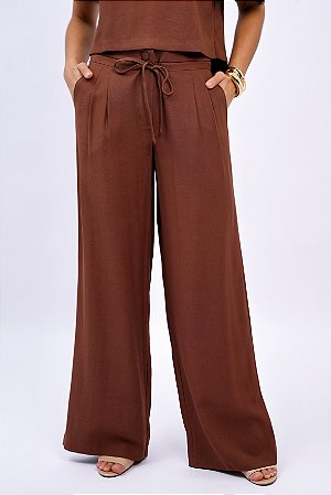 Calça Pantalona Pregas Amarração Cós