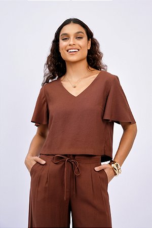 Blusa Semi Cropped Manga Curta Babado
