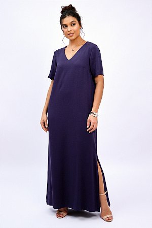 Vestido Longo Viscose Decote V Fenda