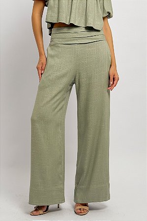 Calça Pantalona Cós Pregas Elástico Costas