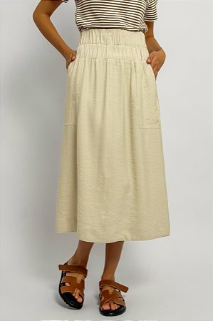 Saia Midi Cós Largo Elástico Bolsos Faca