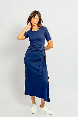 Vestido Midi Canelado Amarração Lateral Cintura