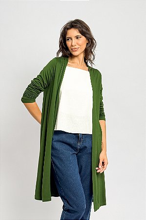 Cardigã Longo Liso Malha Fendas Laterais