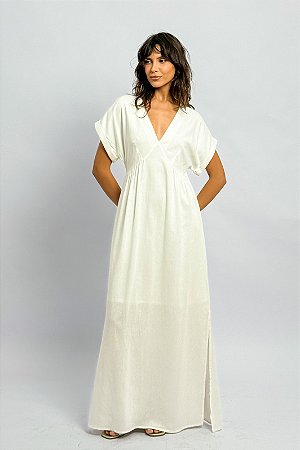 Vestido Longo Viscolinho Decote V Manga Curta Dobra
