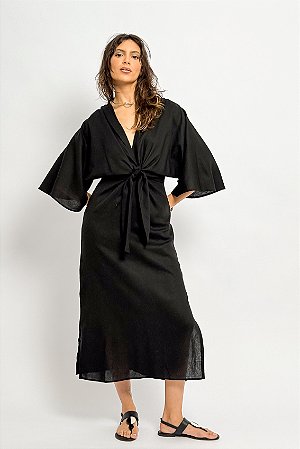 Vestido Midi Viscolinho Manga Ampla Nó Frontal