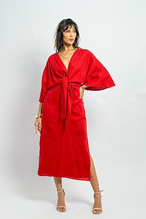 Vestido Midi Viscolinho Manga Ampla Nó Frontal