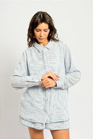 Camisa Ampla Listrada Manga Longa Detalhe Barra