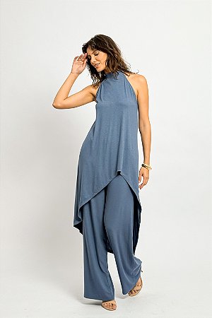 Conjunto Canelado Túnica Com Pantalona