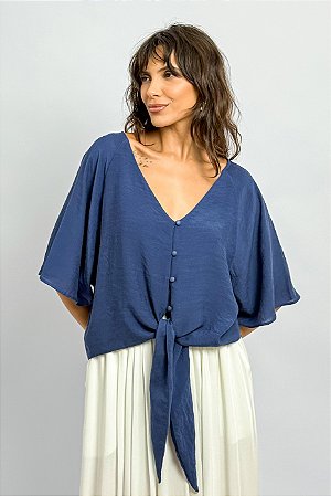 Blusa Manga Ampla Decote V Botões Amarração
