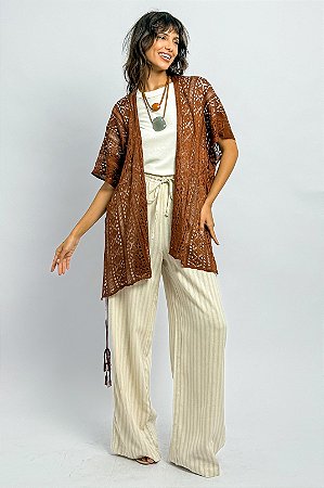Kimono Barra Assimétrica Trançado Tipo Crochê