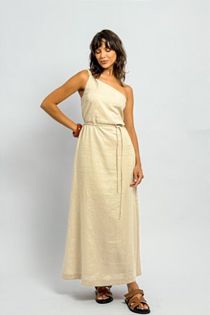 Vestido Longo Viscolinho Um Ombro Só Alça Dupla