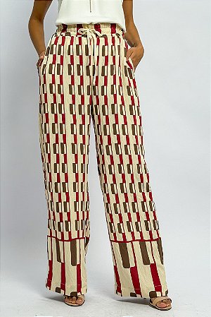 Calça Pantalona Estampa Geométrica Amarração Cintura