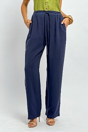 Calça Reta Cós Elástico Amarração Bolsos