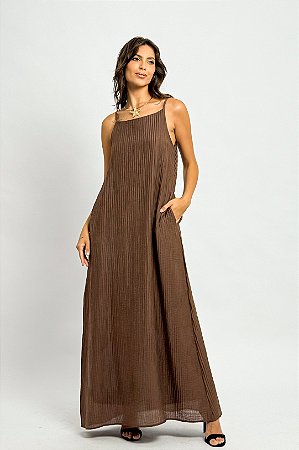 Vestido Longo Plissado Alcinha Cava Americana