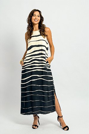 Vestido Midi Alça Larga Listras Onduladas