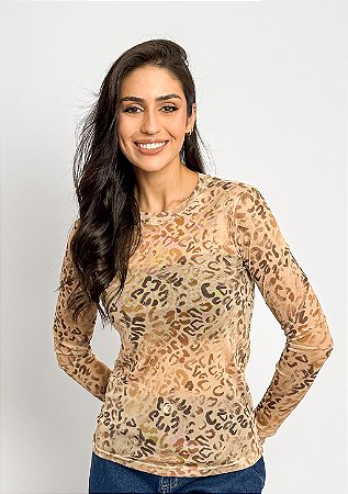 Blusa Tule Manga Longa Estampa Onça