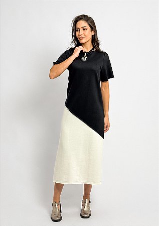 Vestido Midi Algodão Bicolor Manga Curta