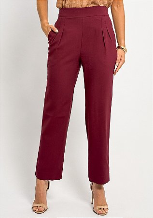 Calça Reta Zíper Lateral Elástico Costas