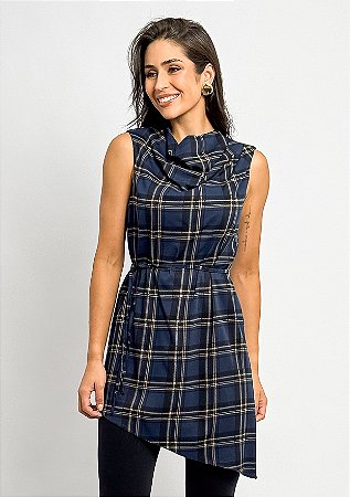 Blusa Longa Barra Assimétrica Xadrez Sem Manga