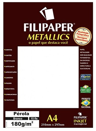 Filipaper METALLICS Pérola Branco 180g/m² A4 com 15 Folhas