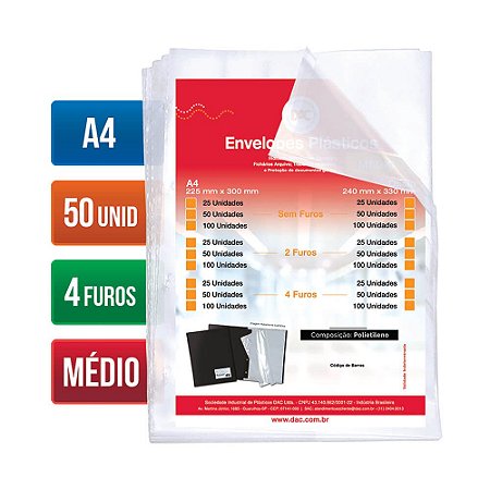 Envelope Plástico DAC A4 com espessura Média e 4 Furos – 50 unid