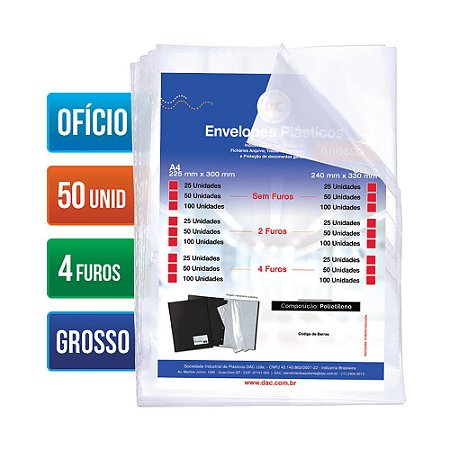 Envelope Plástico DAC Ofício com espessura Grossa e 4 Furos – 50 unid