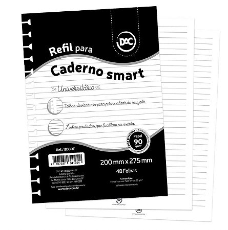 Refil de Folhas Brancas 90g Universitário destacáveis (tira e põe) com 48 Folhas Caderno SMART