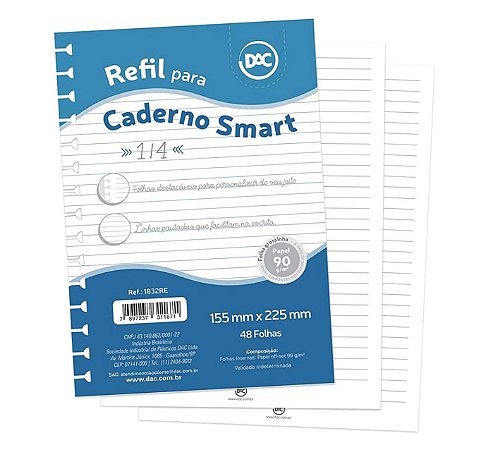 Refil de Folhas Brancas 90g Colegial 1/4 destacáveis (tira e põe) com 48 Folhas Caderno SMART