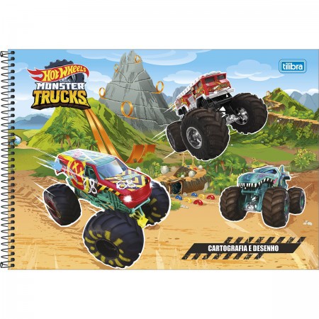 CADERNO DE CARTOGRAFIA E DESENHO ESPIRAL CAPA DURA HOT WHEELS MONSTER TRUCKS 80 FOLHAS