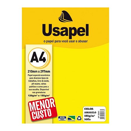 Papel A4 Color Usapel Amarelo 180g Pacote com 50 Folhas