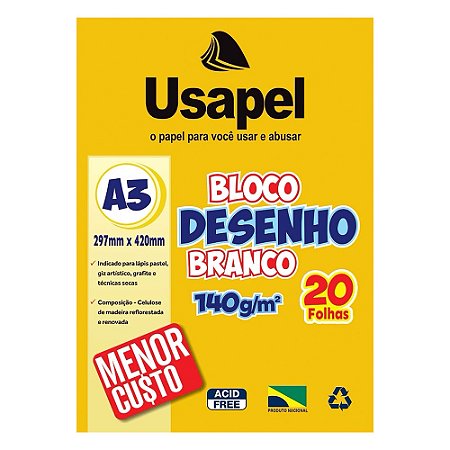 Bloco Desenho Branco A3 140g/m² 20fls - Usapel