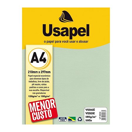 Papel Vergê A4 Verde 50 folhas 180g/m² - Usapel