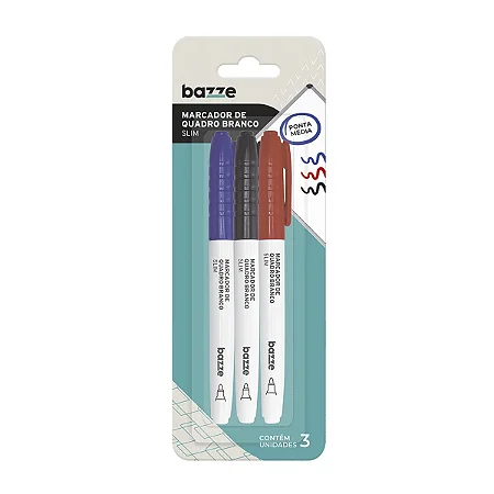 Marcador de Quadro Branco Slim - Azul, Preto e Vermelho - Cartela C/3 Un - Bazze