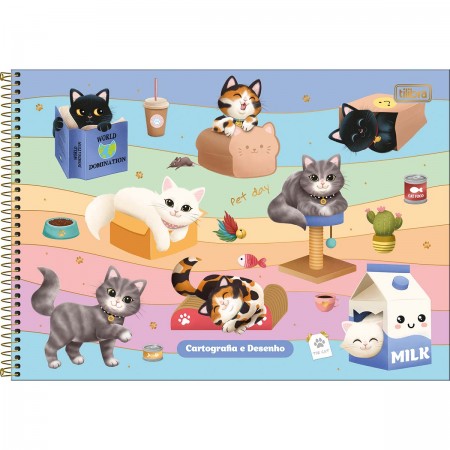 Caderno de Cartografia e Desenho Espiral Capa Dura Purrfect Cats 80 Folhas