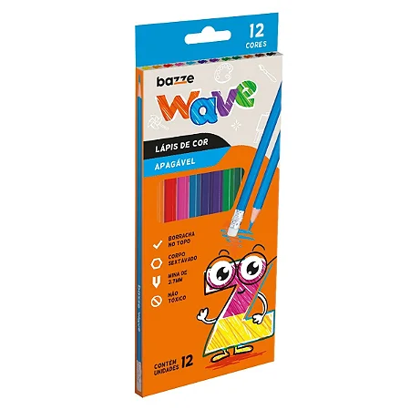 Lápis de Cor Wave Apagável Bazze - 12 cores - Conjunto