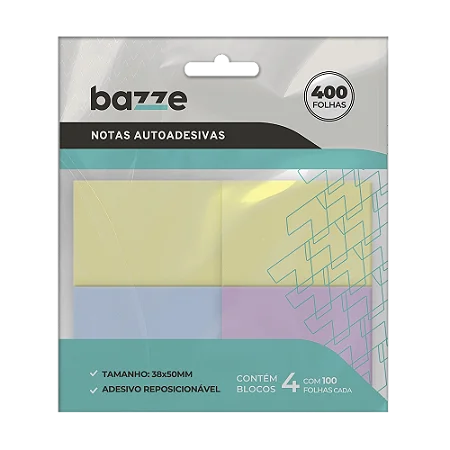 Notas Autoadesivas - 38mm X 50mm - Polybag C/4 Blocos x 100 Folhas - Bazze