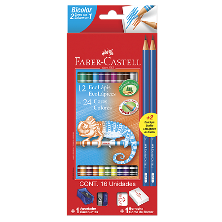 Ecolápis de Cor Faber-Castell Bicolor Kit Escolar 24 Cores + 1 Apontador + 1 Borracha