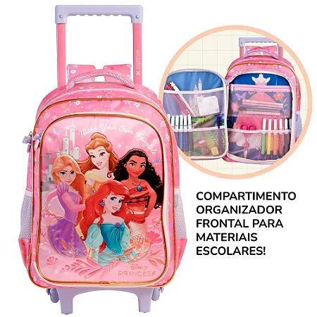 Mochila de Rodinhas com Alças Frente Organizadora 40cm Princesas Disney