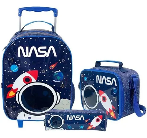 Kit Mochila Rodinha, Lancheira e Estojo Escolar Astronauta Nasa - Dermiwil