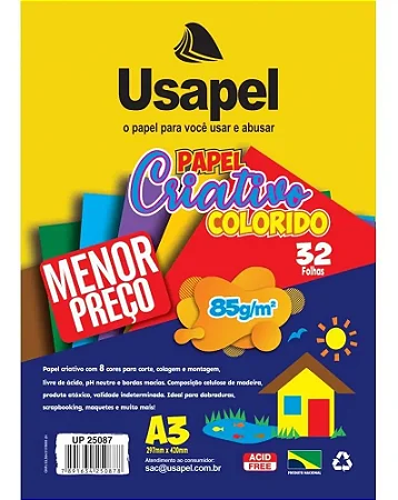 Papel Criativo 8 Cores 32fls A3 85g/m² - Usapel
